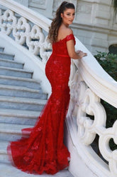 Elegant Long Red Off-the-shoulder Mermaid Prom Evening Dresses with Glitter